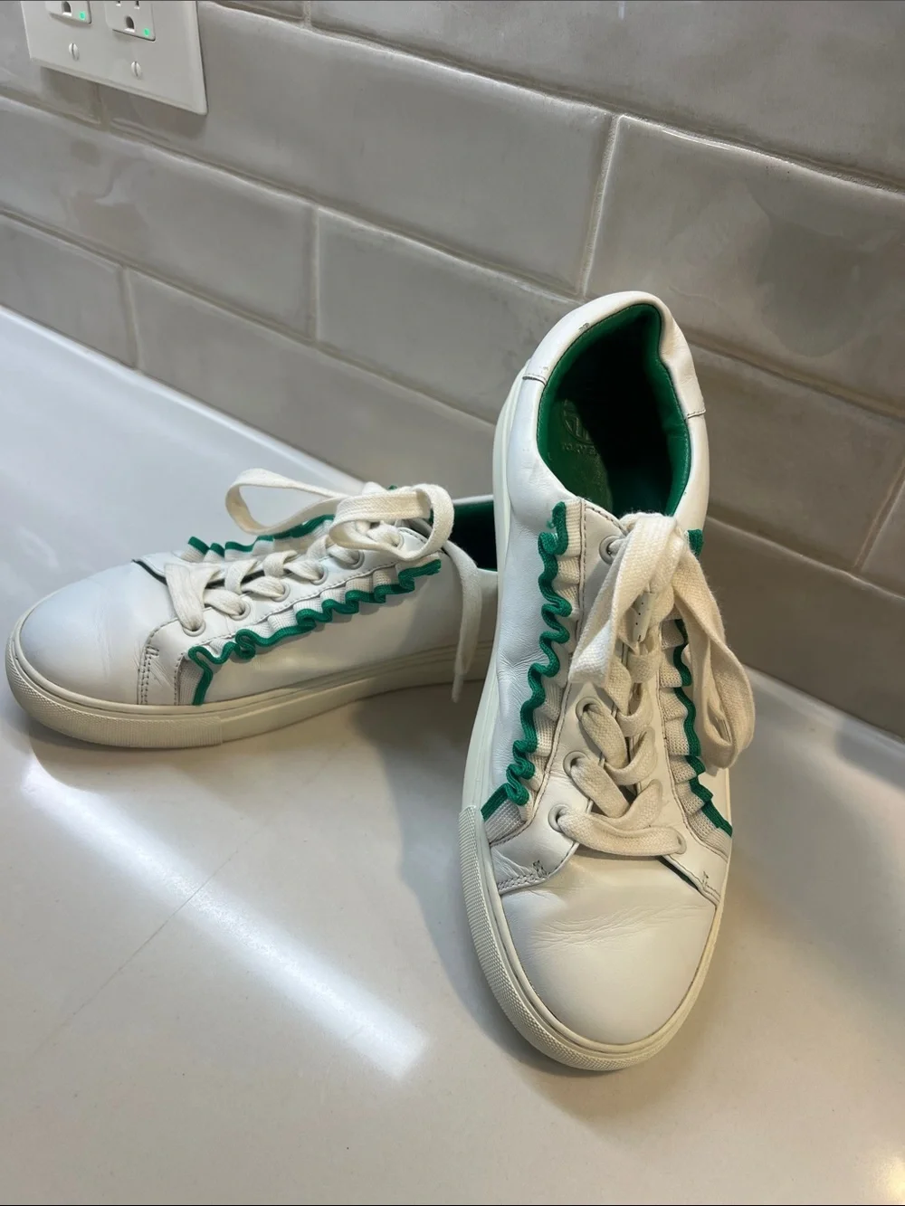 Tory Burch Sport White Leather Sneakers with Green Trim